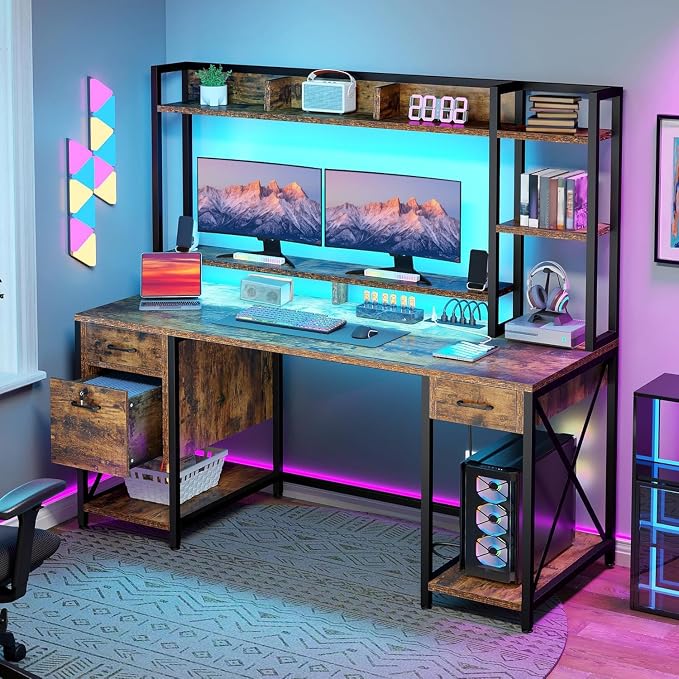 DWVO Computer Desk with Drawers & Hutch, 59.1" Office Desk with Power Outlets & LED Lights, Home Office Desk with Storage Shelves, Rustic Brown | Built-In Power Outlets, Led Lights, Hutch Shelves, Storage Drawers, for Home Office Work Study, Easy Assembly - Image 3