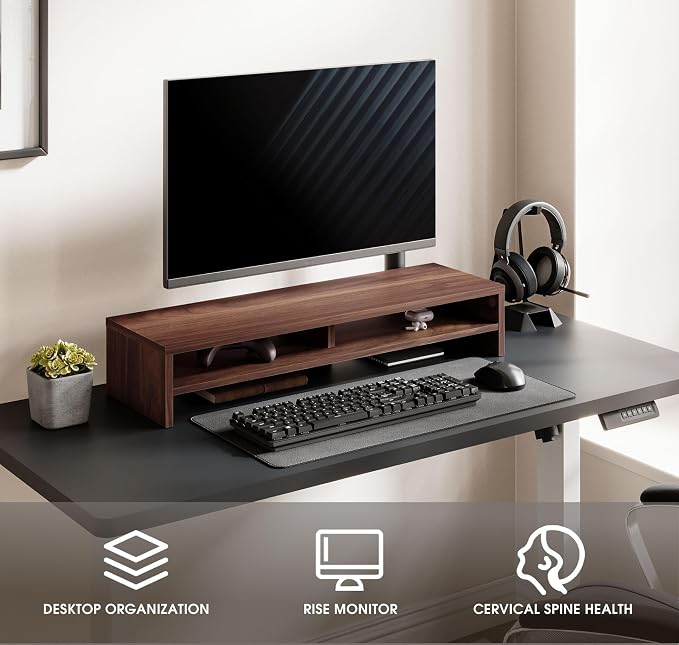 Fenge 31.5 Inch Dual Monitor Stand Riser for Desk, Brown | Wooden Desk Shelf, 2-Tier Open Storage Compartment, for PC Laptop Screen Printer, Home Office Desktop Organizer - Image 2
