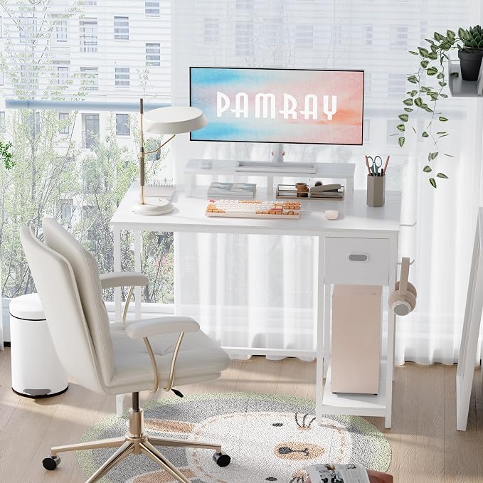 Pamray 39 Inch Small Computer Desk with Monitor Stand and Drawer for Gaming | Small Gaming Desk, for Bedroom Small Spaces, Home Office, Dorm and Apartment, for Writing, Study and Working - Image 2