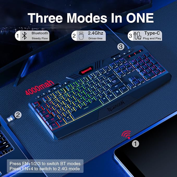 Redragon K503 Wireless Gaming Keyboard, 3-Mode (2.4G/BT/USB), RGB LED Backlit, Multimedia Keys, Fully Programmable Silent Membrane Keyboard with Wrist Rest for Windows PC Games (Black) - Image 2