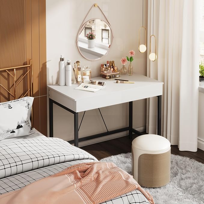 Mexin Small White Desk with 2 Wooden Drawers, 40 Inch Home Office Writing Desk, White Vanity Desk with Storage, Computer Desk for Bedroom Small Spaces, Table for Office, Work, Kids Study, Makeup - Image 4