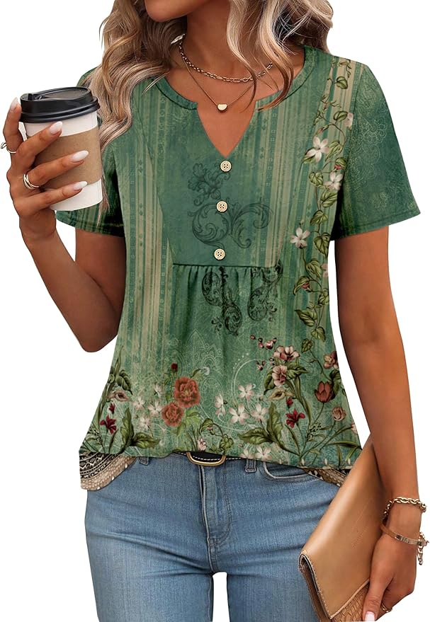 Zeagoo Womens Short Sleeve Tops Summer Henley V-Neck Tshirts Casual Pleated Blouse Dressy Loose Floral Basic Tee - Image 2