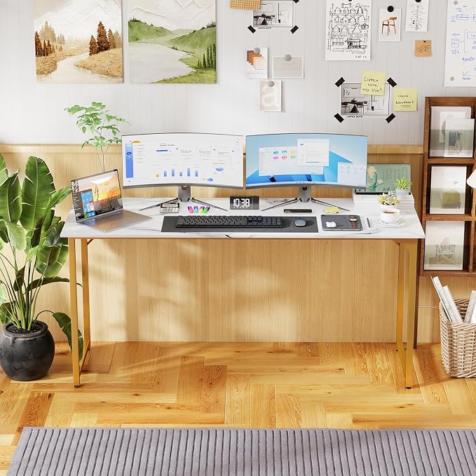 PayLessHere | 63 Inch Computer Desk | White Gold | Office Desk with Metal Frame, Adjustable Feet | Water-Resistant, Scratchproof Surface | Sturdy Writing Table for Home Office or Study | Pack of 1 - Image 7