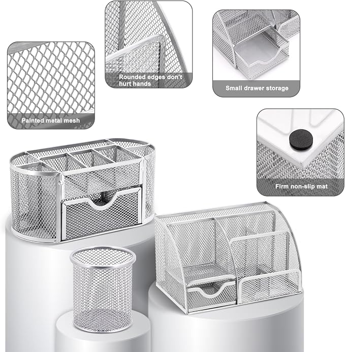 17 in1 Silvery Desk Organizers and Accessories Set, 3 Office Desk Supplies Storage Organization, 4 Pens, Stapler, Staples & Remover, Tape & Dispenser, Scissors, Ruler, Clips, Hole Punch Back to School - Image 3