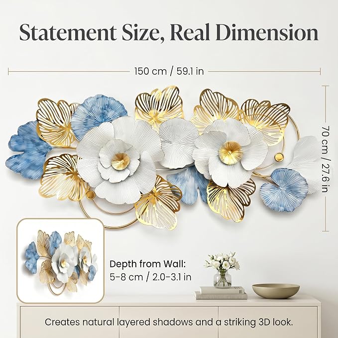 Axioglo 59" Large Wall Decor,3D Floral Metal Wall Art for Living Room | 59" x 27" metal wall decor with layered metal texture, mounting hardware, two-way display - Image 5