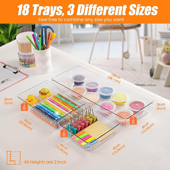Criusia 18 Pcs Large Size Clear Drawer Organizer Set, Acrylic Non Slip Non Cracking Kitchen Drawer Storage Tray Divider, Multifunctional Storage for Cosmetics, Bathroom, Tools, Kitchen and Office - Image 2