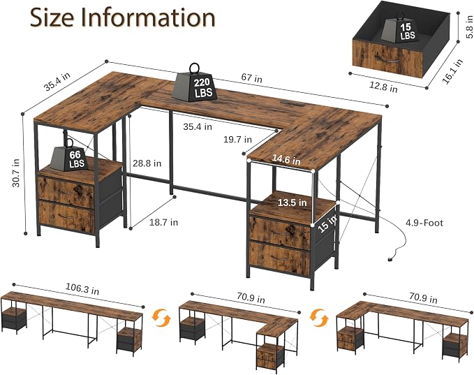 YOSHOOT 67" U Shaped Computer Desk, Reversible L Shaped Gaming Desk | Corner Desk with Power Outlets, 4 Drawers, 2 Storage Shelf, Computer Table with 4 Installation Methods, Rustic Brown - Image 3
