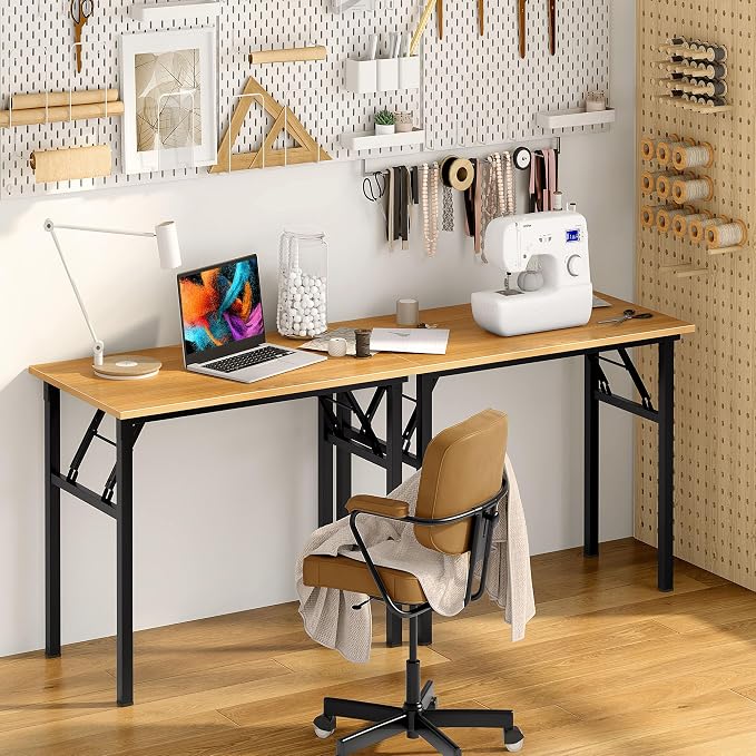 Need Office Computer Desk 39.3 Inch Sturdy Folding Laptop Table Teak | Black Frame Writing Gaming Work Table/Foldable Home Office Desk/Sewing Table, No Assembly Required - Image 4