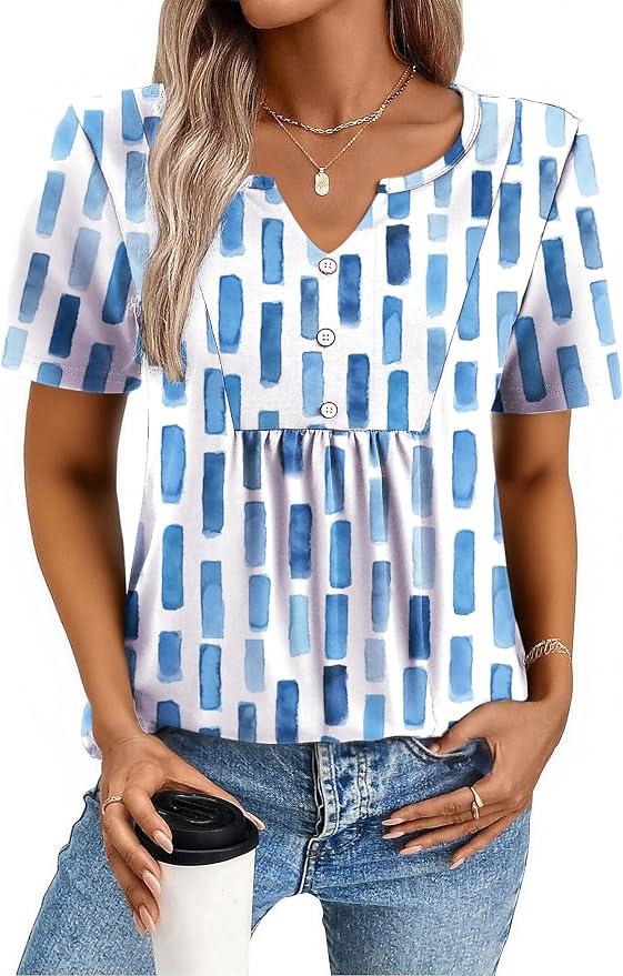 Zeagoo Womens Short Sleeve Tops Summer Henley V-Neck Tshirts Casual Pleated Blouse Dressy Loose Floral Basic Tee - Image 2