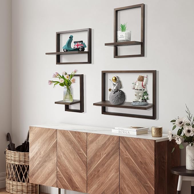 PHOENANCEE Square Floating Shelves,Framed Wall Shelf Decorative Set of 4,Modern Plants Hanging Display Art Decor Storage for Livingroom Bedroom Bathroom Farmhouse,Home Light Wood,Rustic Walnut - Image 2