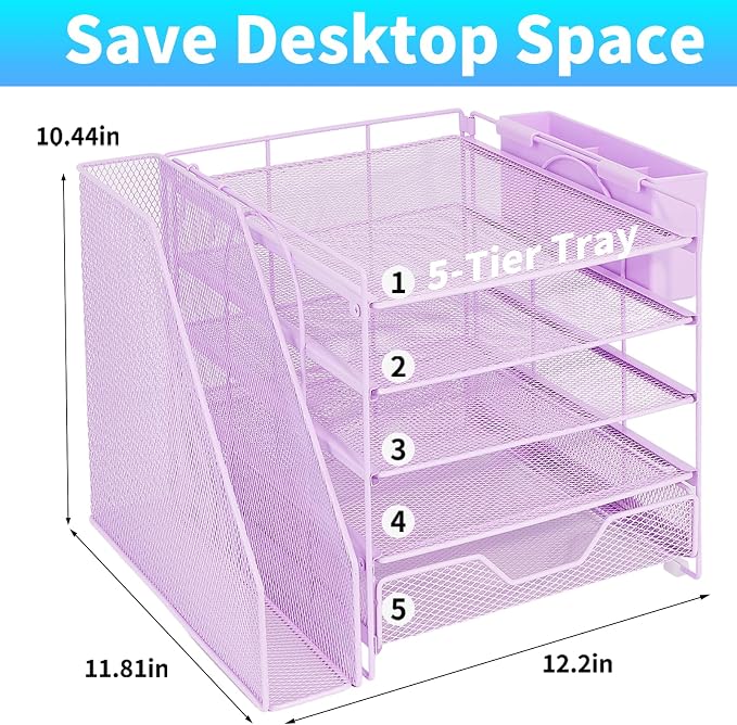 Desk Organizers and Accessories, 5-Tier Paper Letter Tray Organizer with File Holder, Drawer & Pen Holder, Office Desk Accessories, Desktop Organizer for Classroom Office Supplies, Purple - Image 2