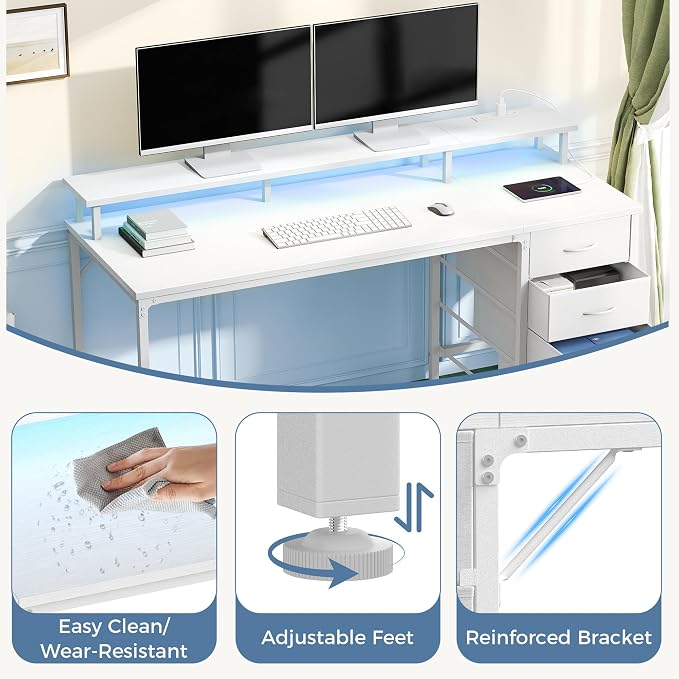 DUMOS 40-Inch Gaming Desk with Power Outlets and LED Lights, White | Computer Desk with 4 Storage Drawers, Home Office Desk with Monitor Stand, Small Desk for Bedroom Study - Image 8