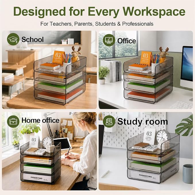 FANXIYQ 4-Tier Acrylic Paper Tray Organizer, Brown Office Paper Organizer | Stackable, Tool-Free Design with 2-4 Tiers for A4 Paper, Files, Books and Mail; Ideal for School, Home Office and Study Room - Image 4