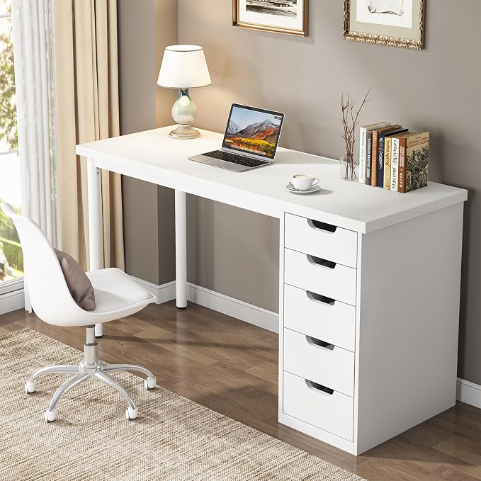 Tribesigns Computer Desk with 5 Drawers, 47 inches Rustic Brown Home Office Desk with Storage, Modern Simple Laptop Desk Study Writing Table for Small Spaces (1, White) - Image 4