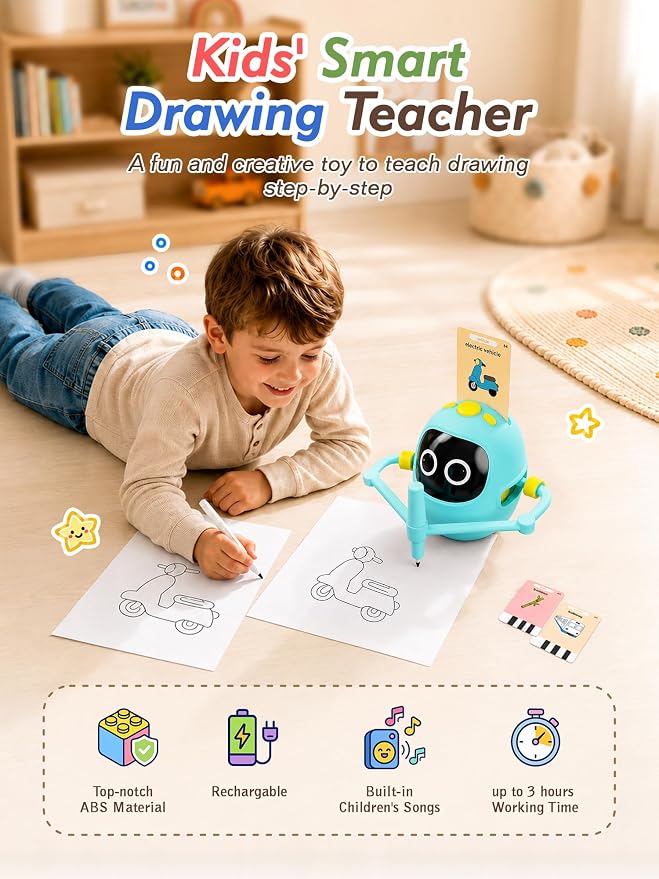 Kikapabi Drawing Robot Toys for Kids, 220 Flash Cards Gift for 3-8 Years Old Boys Girls, Montessori Doodle Art Painting with Voice Interactive for Beginners, Birthday (Blue) - Image 2