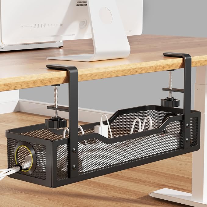 Under Desk Cable Management Large, Cinati 16" Cable Management Box for Table Thickness up to 3", Wire Cord Organizer with Clamp No Drill, No Damage to Desk (Black) by Cinati