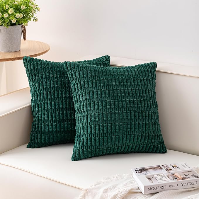 Aegero Pack of 2 Corduroy Decorative Throw Pillow Covers 16x16 Inch Soft Striped Pillow Covers Modern Farmhouse Home Decor for Sofa Living Room Couch Bed（Blackish Green） by Unknown
