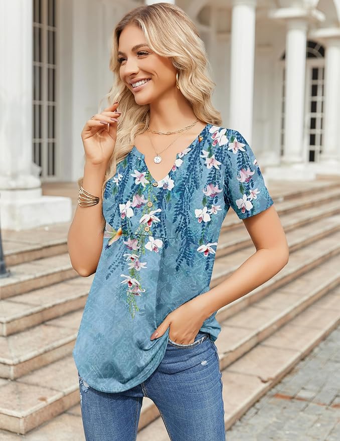 Zeagoo Womens Short Sleeve Tops Summer Henley V-Neck Tshirts Casual Pleated Blouse Dressy Loose Floral Basic Tee - Image 4