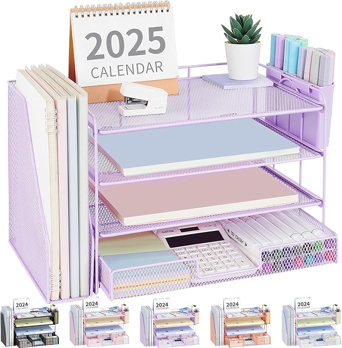 OPNICE Desk Organizer, 4-Tier Desktop File Organizer with Drawer and Pen Holders, Office Desk Accessories, File Sorters, Workspace Organizers for Office Supplies(Purple) by OPNICE