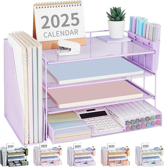 OPNICE Desk Organizer, 4-Tier Desktop File Organizer with Drawer and Pen Holders, Office Desk Accessories, File Sorters, Workspace Organizers for Office Supplies(Purple) by OPNICE