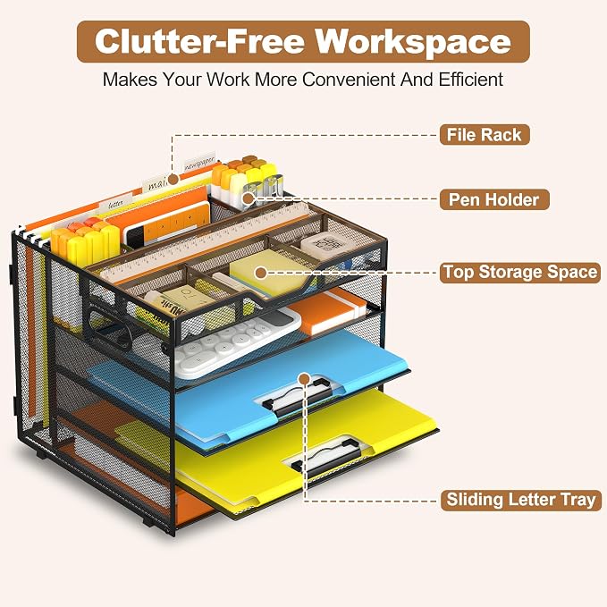 Docnest 5 Tier Desk Organizer with Hanging File Folder Holder&Tray, Black | Features 3 detachable pen holders and 4 removable dividers.Versatile mesh desktop storage for mail, document,office supplie - Image 4