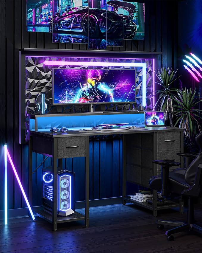 TIQLAB Computer Desk with 4 Drawers & LED Lights, 47 Inch Gaming Desk with Monitor Stand & Power Outlets, Home Office Desk with Large Storage Space, Study Work Table for Bedroom, Black - Image 4