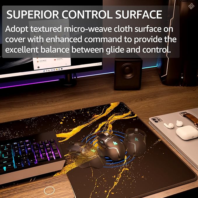KTRIO Large Gaming Mouse Pad, Desk Mat, 31.5 x 15.7 in Black Gold, XXL | Smooth Micro-Weave Surface, Artistic Pattern Design, Non-Slip Rubber Base, Durable Stitched Edges, Office & Home Use - Image 2