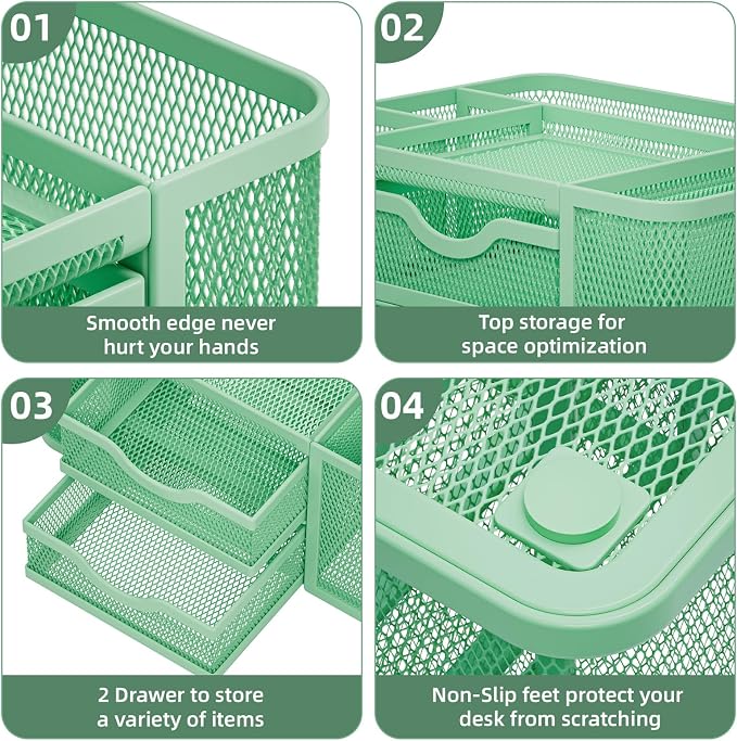 Marbrasse Mesh Desk Organizer, Pen Organizer with 2 Drawer, Multi-Functional Pencil Holder, Desk Organizers and Accessories with 5 Compartments + Drawer for Office Art Supplies (Green) - Image 6