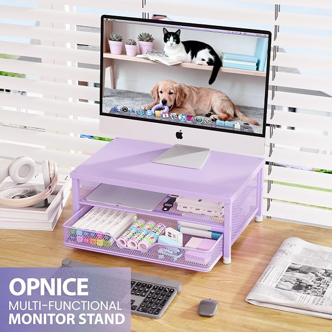 OPNICE Computer Monitor Stand Riser, Desk Organizer with Drawer, Printer & Laptop Stand, Office Desk Accessories & Workspace Desktop Organizers Storage for Office Supplies(Purple) - Image 3