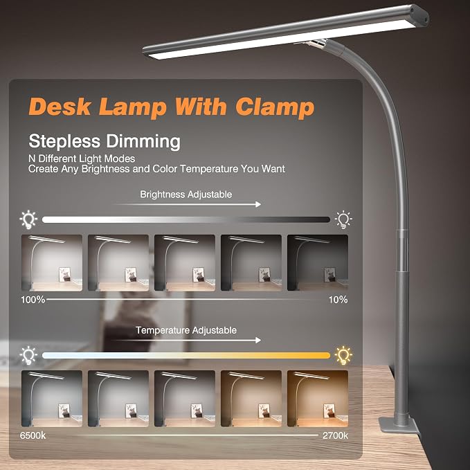 Airlonv LED Desk Lamp for Office Home, Eye-Caring Desk Light with Stepless Dimming Adjustable Flexible Gooseneck, 10W USB Adapter Desk Lamp with Clamp for Reading, Study, Workbench (Grey) - Image 2