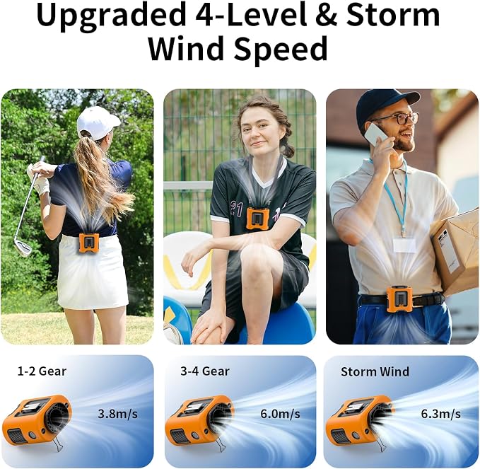 Socool 14500mAh Portable Waist Fan Clip on Belt 360 Rotation Wearable Rechargeable Personal Shirt Fan, 67H Cooling 5-Speed Battery Operated with Light, Neck Fan Hands-Free for Outdoor Jobsite Camping - Image 4