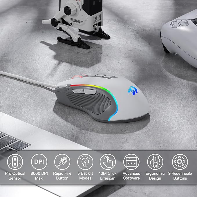 Redragon M612 Wired RGB Optical Gaming Mouse 8000 DPI Remapping Keys | Stable Lag-Free Connection, Redefine Keybinding Macro, Rapid-Fire Side Clicker, Vibing Backlight - Image 2