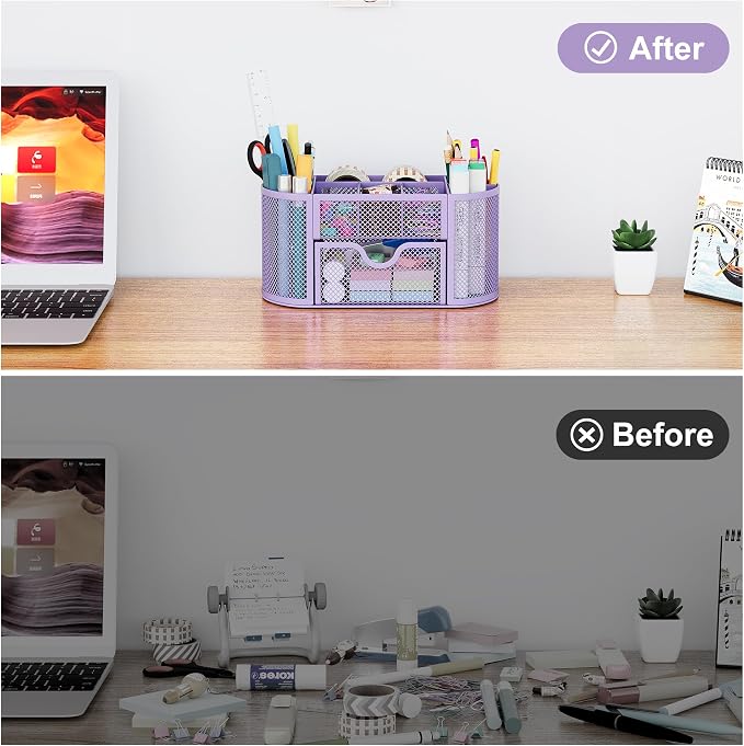 EasyPAG Mesh Pen Holder Desk Organizer with Drawer Stationery Supplies Organizer for Dorm School 9 Compartments Workspace Desk Accessories Organization for Office (Light Purple) - Image 4