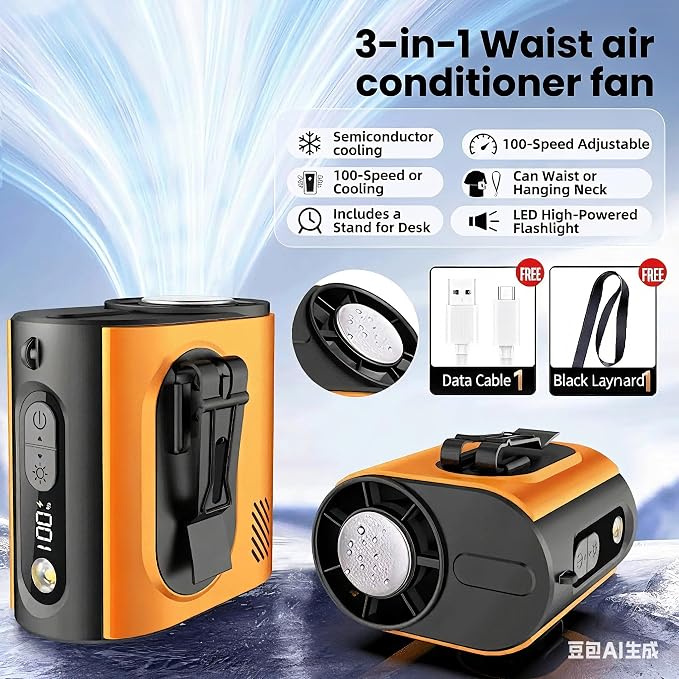 Portable Wearable Waist Iec Fan,with Semiconductor Ice Cooler,10000mAh Rechargeable Clip On Belt Cooling Fan, 100-Speed/16000RPM Personal Body Fans,25H Work Time for Camping, Outdoor, Jobsite（Orange） - Image 4