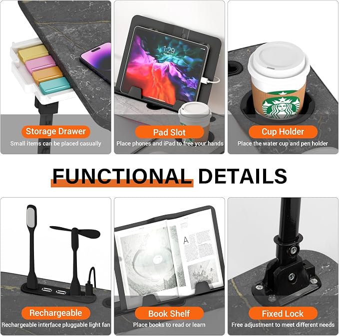 Lap Desk for Bed, Adjustable Laptop Desk with USB Charging Port, Storage Drawer & Bookshelf — Foldable Bed Desk for WFH & Students, 23.6" Desktop Fits 17" Laptop, Non-Slip, Deep Stone Texture - Image 5