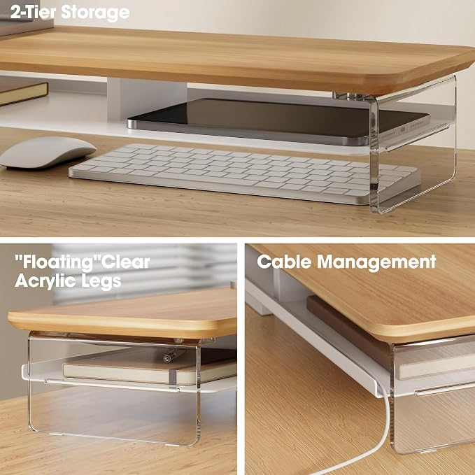 Fenge 42.5" Dual Monitor Stand with Clear Acrylic Legs, Dark Oak | Clear acrylic, storage compartment, 2-tier home office monitor riser, wide large desktop shelf fit monitor/laptop/printer - Image 3