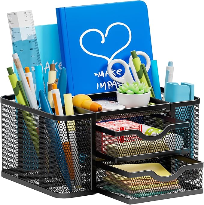 Marbrasse Mesh Desk Organizer, Pen Organizer with 2 Drawer, Multi-Functional Pencil Holder, Desk Organizers and Accessories with 5 Compartments + Drawer for Office Art Supplies (Black) by Marbrasse