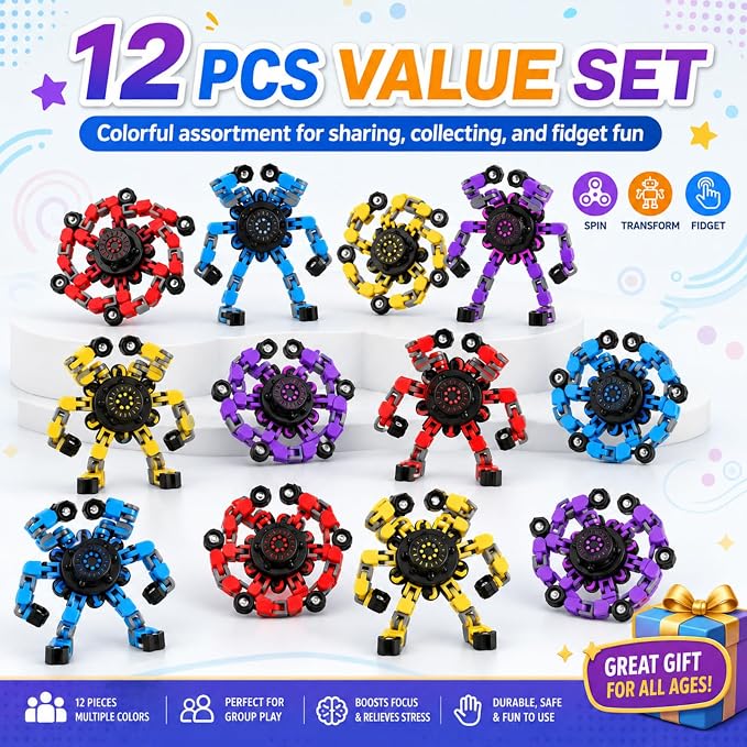 12PCS Transformable Fidget Spinner Toys for Kids and Adults | DIY Robot Chain Fidget Toys, Sensory Toys for Stress Relief, Party Favors, Classroom Rewards & Birthday Gifts - Image 5