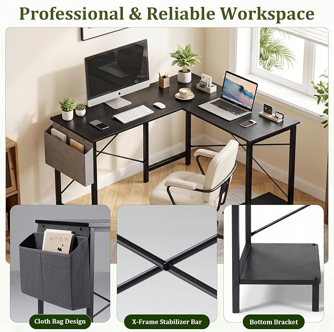 Alpen L Shaped Gaming Desk, Small Computer Desk, 50 Inch Wide Corner Desk, Work from Home Desk, Study Table for Bedrooms, PC Writing Table with Storage and Reversible Shelf, Classic Black - Image 7