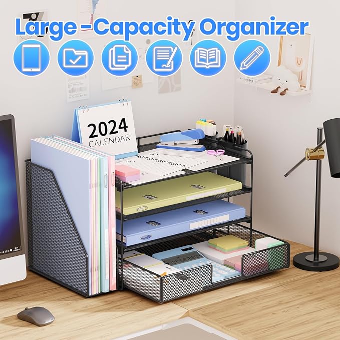 OPNICE Desk Organizer, 4-Tier Desktop File Organizer with Drawer and Pen Holders, Office Desk Accessories, File Sorters, Workspace Organizers for Office Supplies(Black) - Image 6