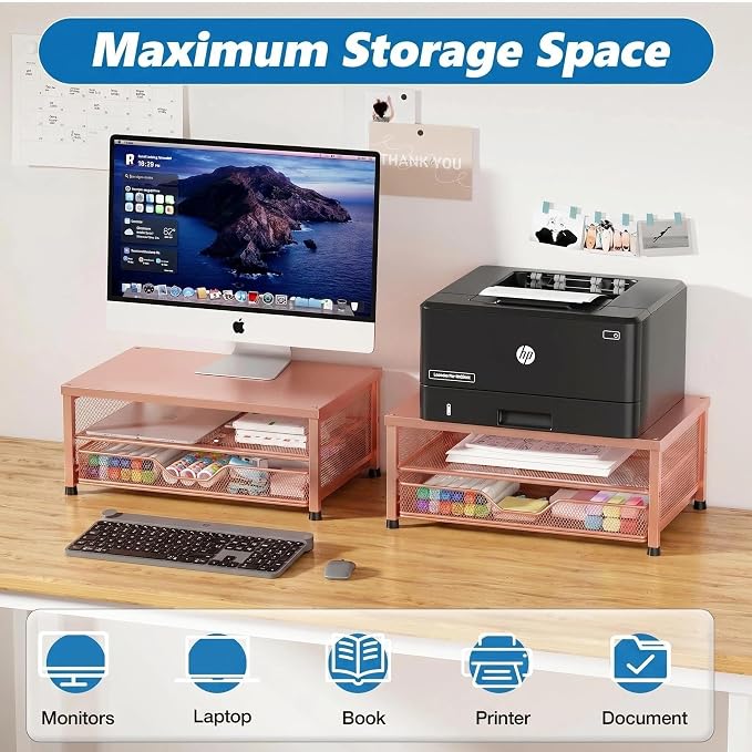 OPNICE Computer Monitor Stand Riser, Desk Organizer with Drawer, Printer & Laptop Stand, Office Desk Accessories & Workspace Desktop Organizers Storage for Office Supplies(Rose Gold) - Image 6