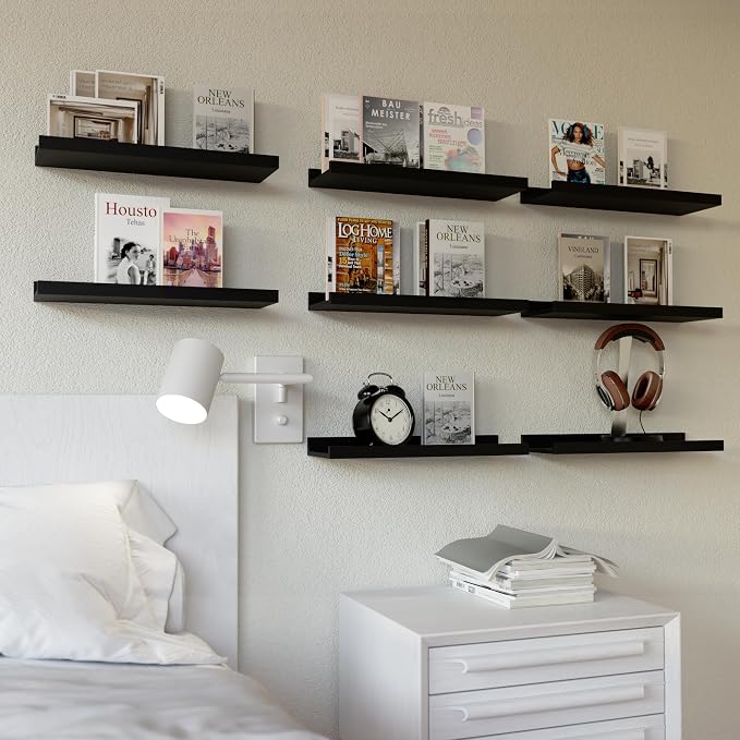 RICHER HOUSE 8-Set Floating Shelves with Lip, Black Wall Mounted Wood Shelf | Display Picture Ledge Shelf, Anti-drop lip Shelf for Room Wall Decor, Bedroom Bathroom Storage Nursery Hanging Book Shelves - Image 2