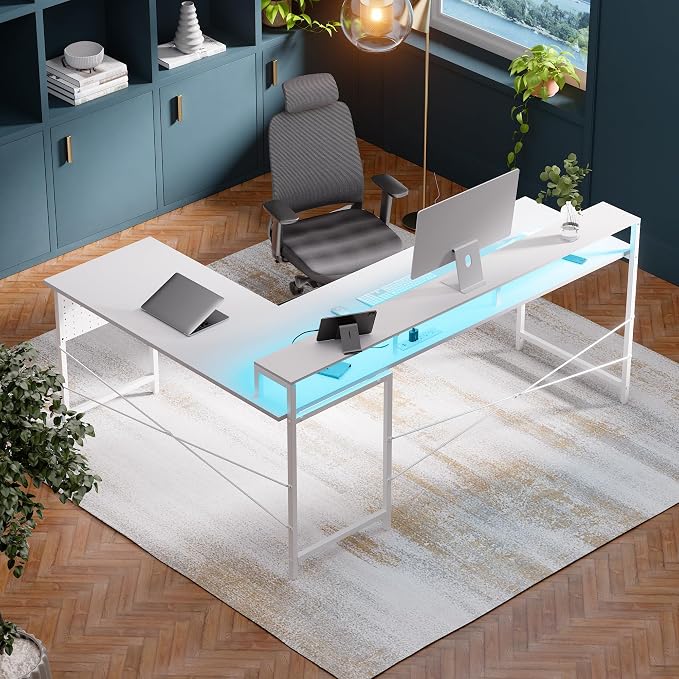 Pamray 64 Inch L Shaped Gaming Desk with Monitor Stand and Power Outlets | Large Corner Computer Desk With Pegboard & Led Lights USB Charging Ports for Home Office Study and Writing Bedroom and Dorms - Image 2