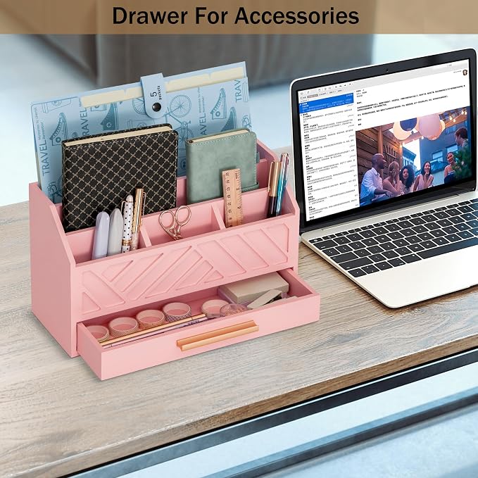 dreampossible Pink Wood Desk Organizer and Accessories with Drawer, Bill Mail Organizer and File Mail Holder for Office Supplies, Modern Desk Accessories & Workspace Organizers for Desk Organization - Image 2