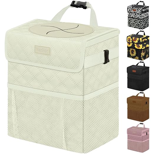 Vankor White Car Trash Can Cute, White Car Accessories for Women Waterproof Automotive Garbage Cans Leak Proof Vehicle Trash Can Diamond Pattern-Beige by Vankor