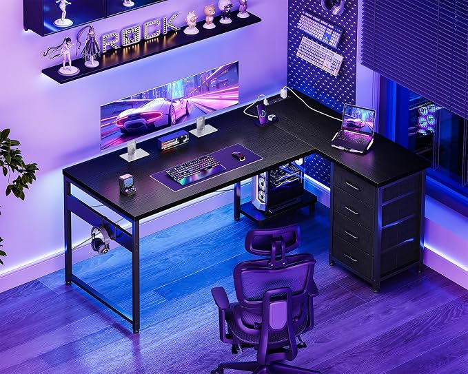 AODK 53" L Shaped Gaming Desk with 4 Drawers and Power Outlets, Black | USB Ports, PC Tower Stand, Hooks, Reversible Corner Layout for Gaming Rooms, Bedrooms and Home Office - Image 2