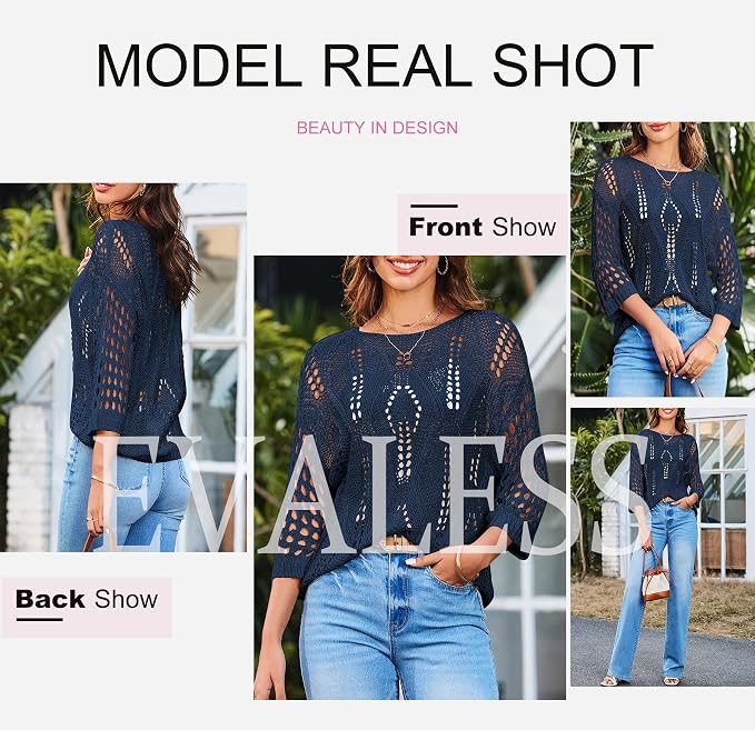 EVALESS Womens Crochet Hollow Out Knit Tops Half Sleeve Spring Summer Sweaters Beach Cover Ups for Women Trendy 2026 - Image 6