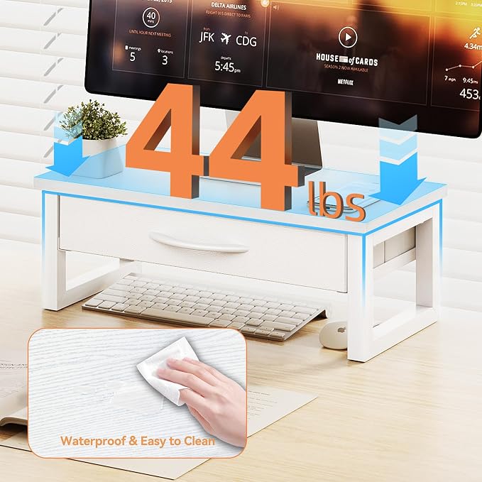 Desk Organizers and Accessories, Computer Monitor Stand Riser with Drawer, White Laptop Stand for Desk with Storage, Office Organization, Wood - Image 4