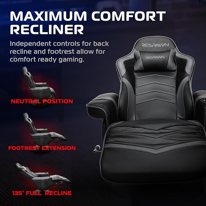 Respawn 900 Gaming Recliner Chair with Footrest, Cup Holder and Swivel | Ergonomic gaming recliner with footrest, cup holder, lumbar support, 135° recline & 360° swivel for console gaming - Image 4
