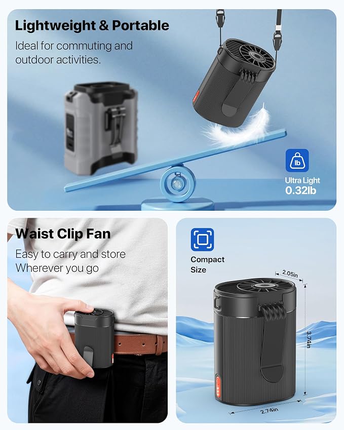 Portable Waist Fan, 6600RPM Strong Airflow Belt Fan with 25H Working Time, 4 Speeds Rechargeable Personal Fan, Hands-Free Wearable Shirt & Neck Fan for Outdoor Camping Jobsite, Black - Image 6